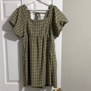 Hem & Thread Plaid Mini Dress in Olive and Cream